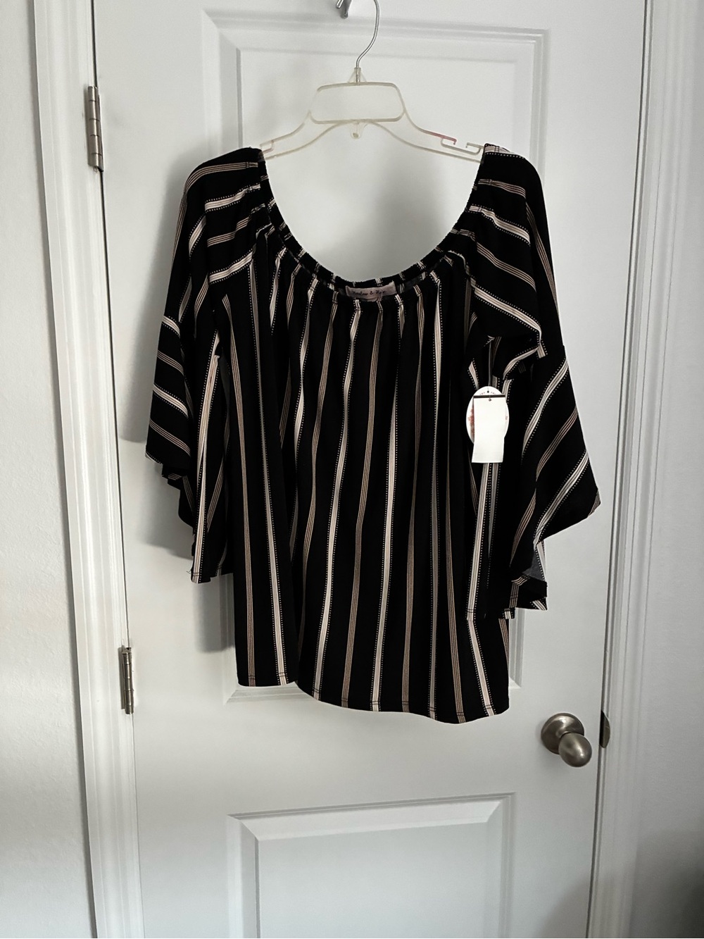 Black and Cream Striped Peasant Blouse with Scoop Neck